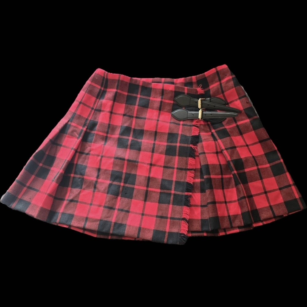Burberry Red and Black Pleated Mini Skater Skirt